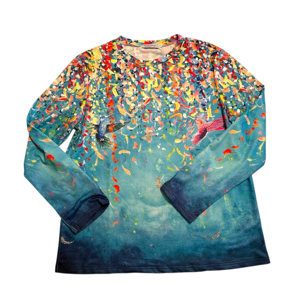 Misslook Hippie Party Tee Shirt Tunic Blouse Womens XL Blue Hummingbird Confetti - Picture 14 of 16